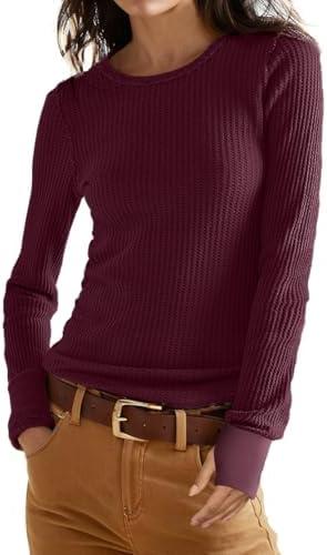 GRECERELLE Waffle Knit Tops for Women Long Sleeve Shirts Casual Tight Fitted Y2K Tops, S