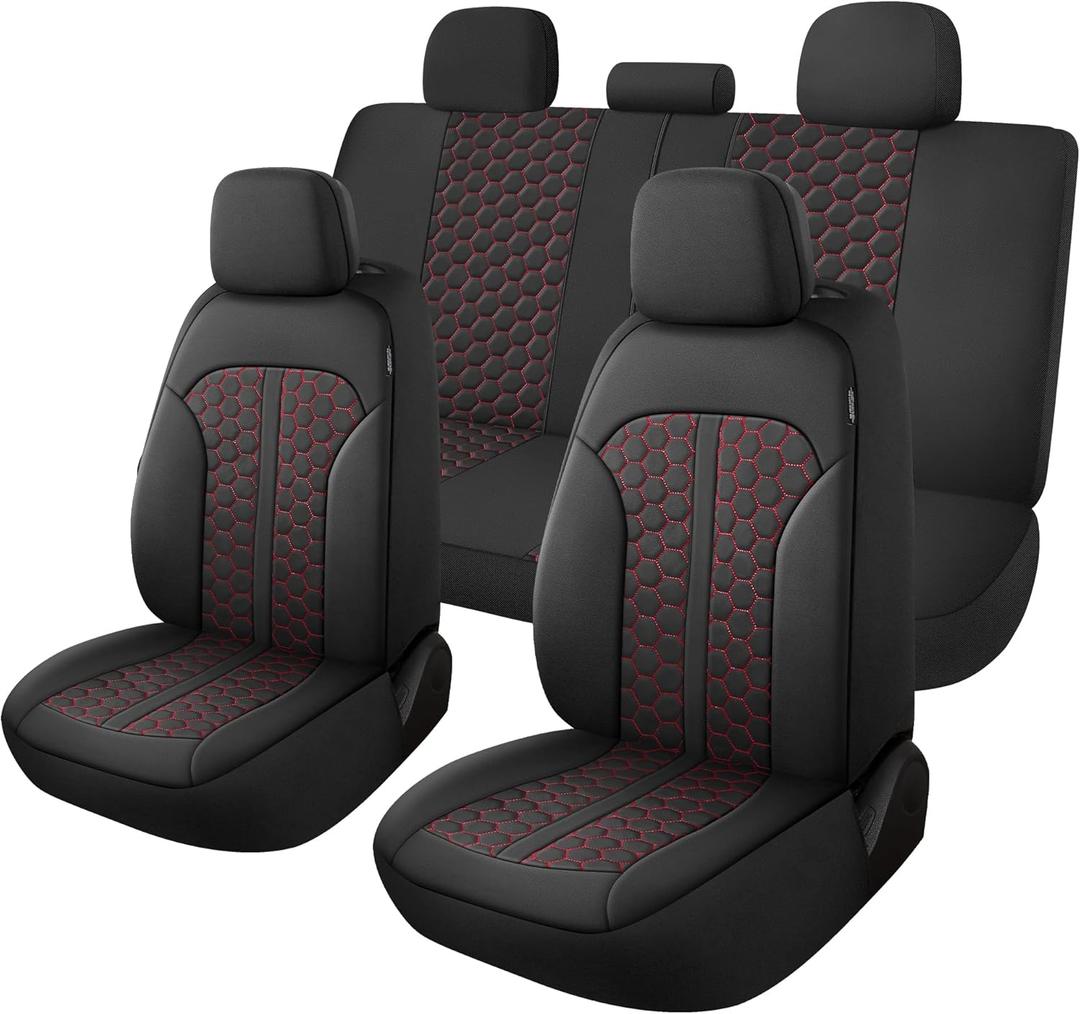 YGL Luxury PU Leather Car Seat Covers Full Set, Anti-Stain Interior Protector.Waterproof Auto Seat Covers for Cars,Trucks,Van,SUV,Pickup,Airbag Compatible (Black/Red Line)