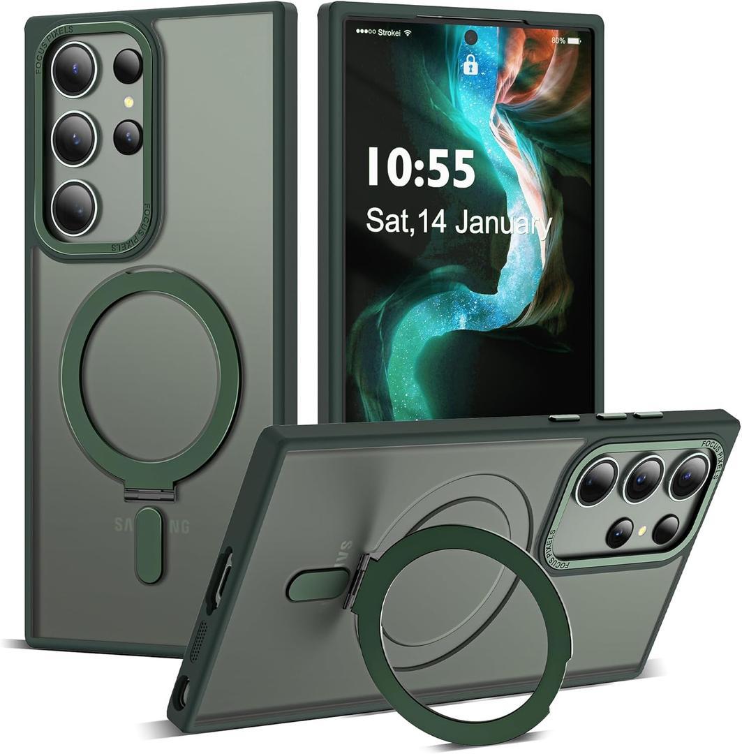 for Samsung Galaxy S23 Ultra Case with Magnetic Invisible Ring Stand, Compatible with MagSafe, Military Drop Protection Translucent Matte S23 Ultra Phone Case for Men and Women, Green