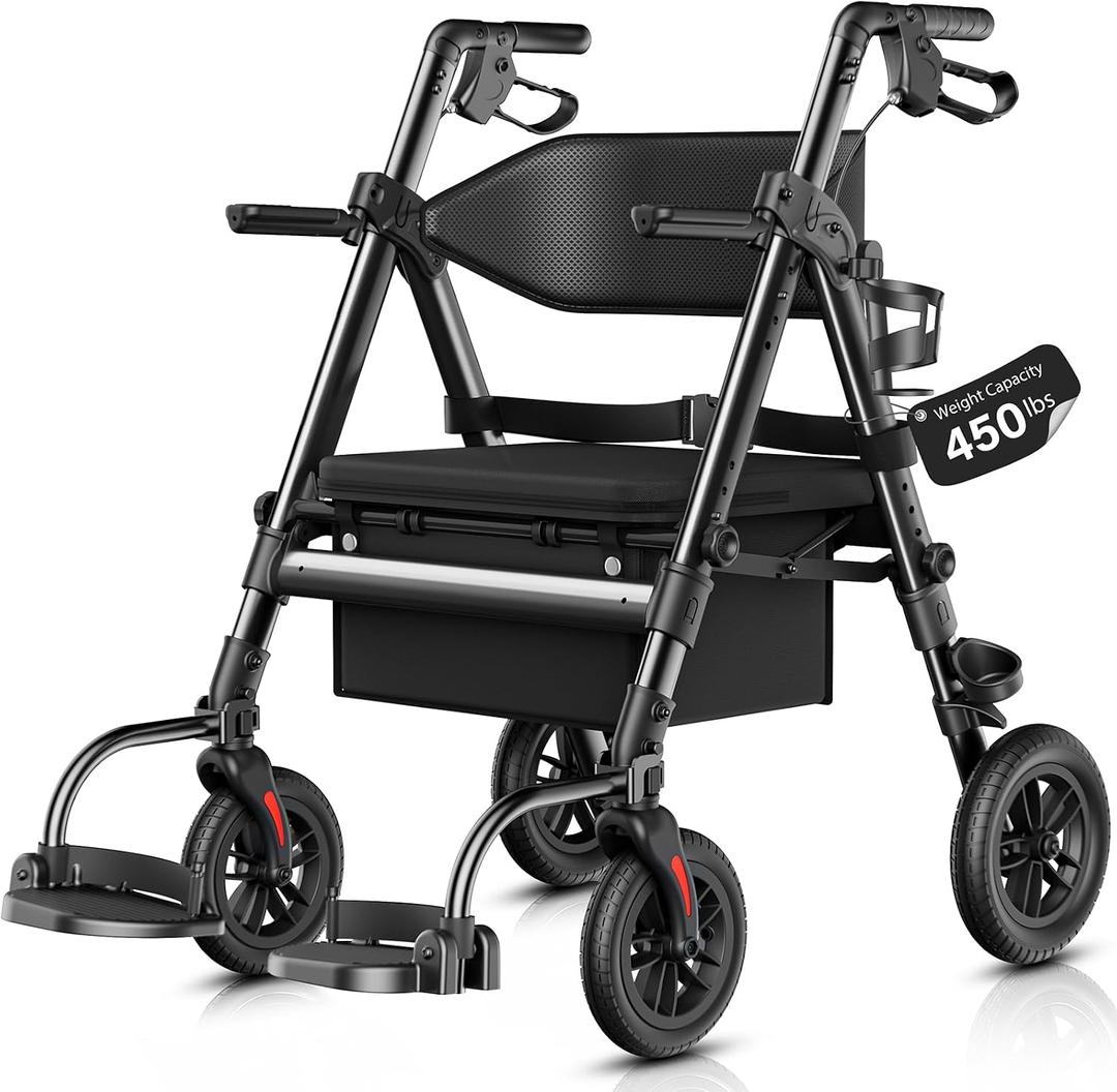 Walkers for Seniors 2 in 1 Wheelchair Combo, 450 lb Foldable Rollator Transport Chair with Seat, Heavy Duty Rolling Walker 10" Wheels for All Terrain, Black
