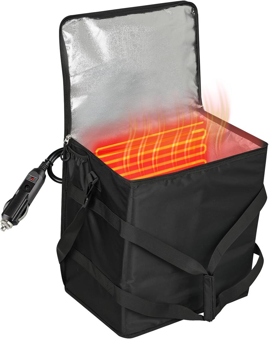Insulated Heated Pizza Delivery Bag with Handle - Portable Vehicle Food Warmer,Padded Heated Pizza Carrier Bag with12-volt Cigarette-lighter Power Port