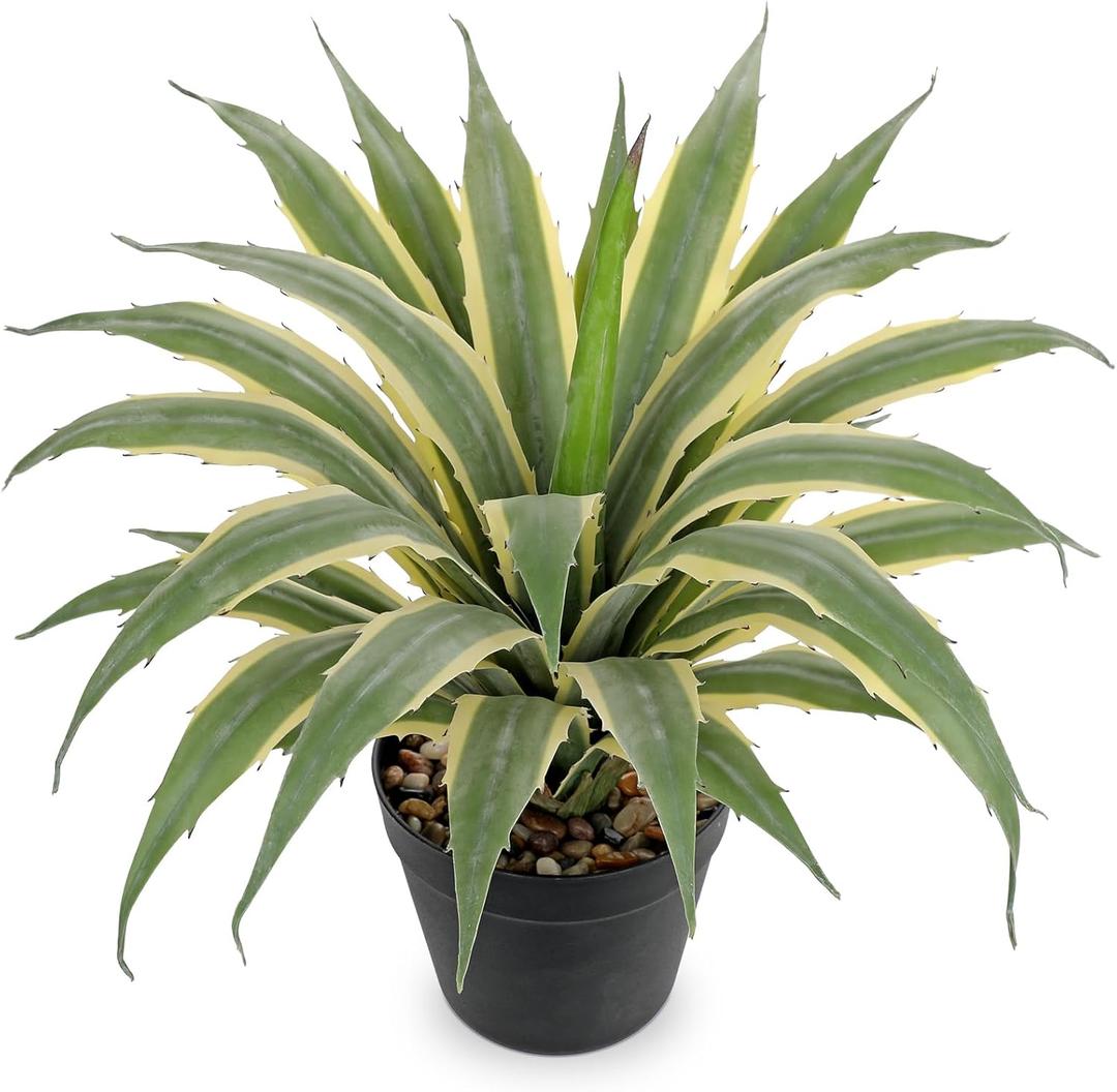 Hollyone Large Artificial Agave Plants 16.9" Tall Fake Agave Plant in Black Pot with Real Stone Pebbles Faux Succulent Aloe Tropical Plants Potted for Indoor Outdoor Home Patio Garden Decor