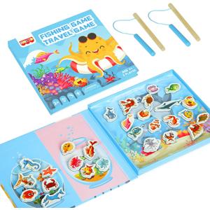 Magnetic Fishing Game for Toddlers Ages 3-8  Montessori Wooden Educational Toy with 28 Fish  Preschool Learning Toy for Fine Motor Skills, Travel, Airplane & Road Trips