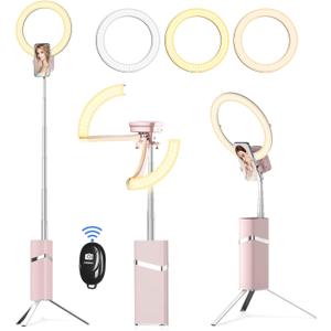 10" Selfie Ring Light with 76" Tripod Stand and Phone Holder, Portable Travel LED Tripod Ring Light Ringlights with Stand Cordless for iPhone TikTok Makeup Video Recording, Pink