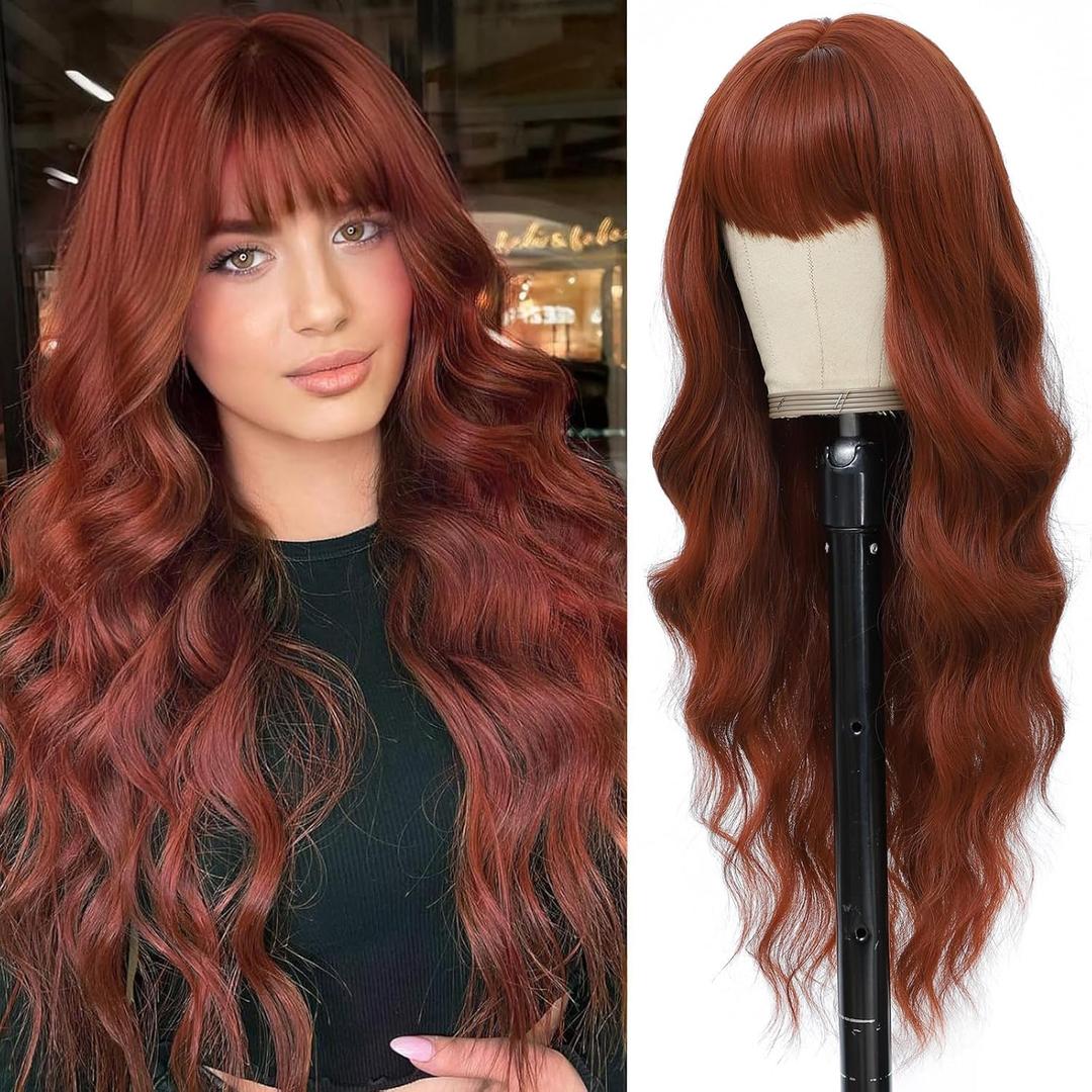 Auburn Wig with Bangs for Women Long Wavy Wigs 26 Inch Auburn Wigs Natural Looking Heat Resistant Synthetic Wig for Daily Party Use