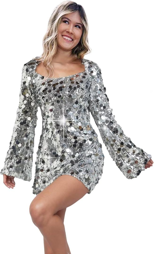KDTM Sparkly Sequin Long Sleeve Prom Dresses Short Tight Homecoming Dresses for Teens Mini Cocktail Gown (4, Silver)