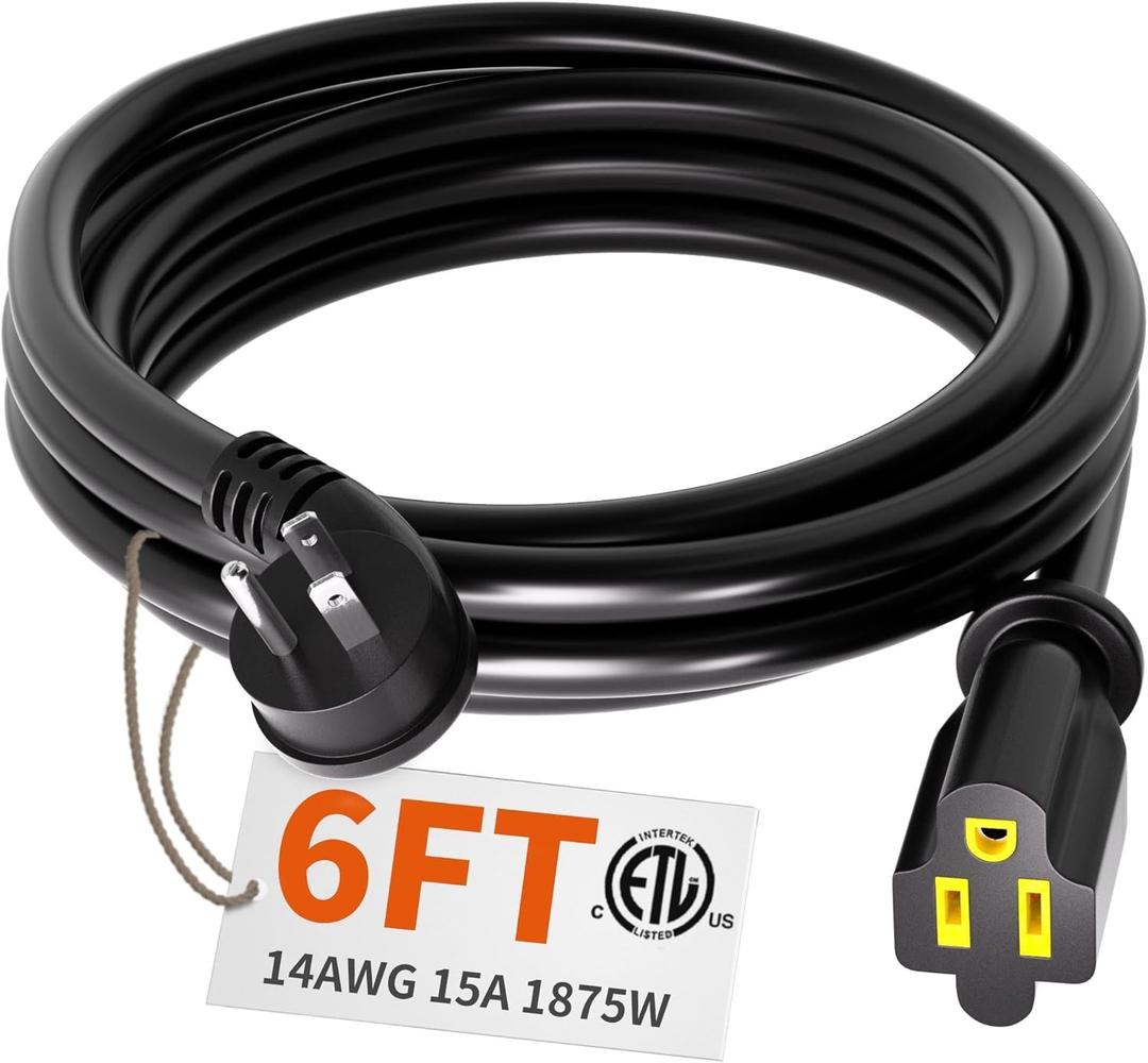 HUANCHAIN 14 Gauge 6 Feet Flat Plug Extension Cord Black Indoor Outdoor, Heavy Duty 3 Prong Grounded Low Profile Extension Wire Flexible, 15A 1875W 125V 14AWG SJTW, ETL Listed