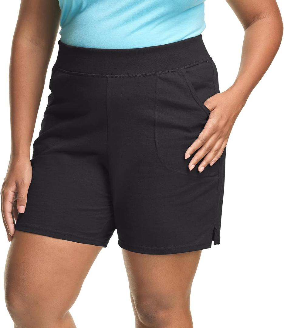 Hanes Women's Just My Size Cotton Jersey Shorts, Plus Size Pull-on Gym Shorts, 7 inches Inseam (2X, Black)