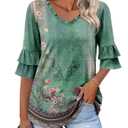 Angerella Tops for Women Trendy Fashion 3/4 Sleeve T-Shirts Cute V Neck Tunic Top Basic Business Tees Floral Blouses Green L (Green, L)