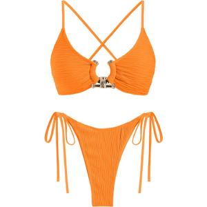 ZAFUL Women's Bikini Sets Ribbed Metal O Ring Criss Cross Two Piece Swimsuit Cheeky High Cut Side Tie Thong Bathing Suit (Medium)