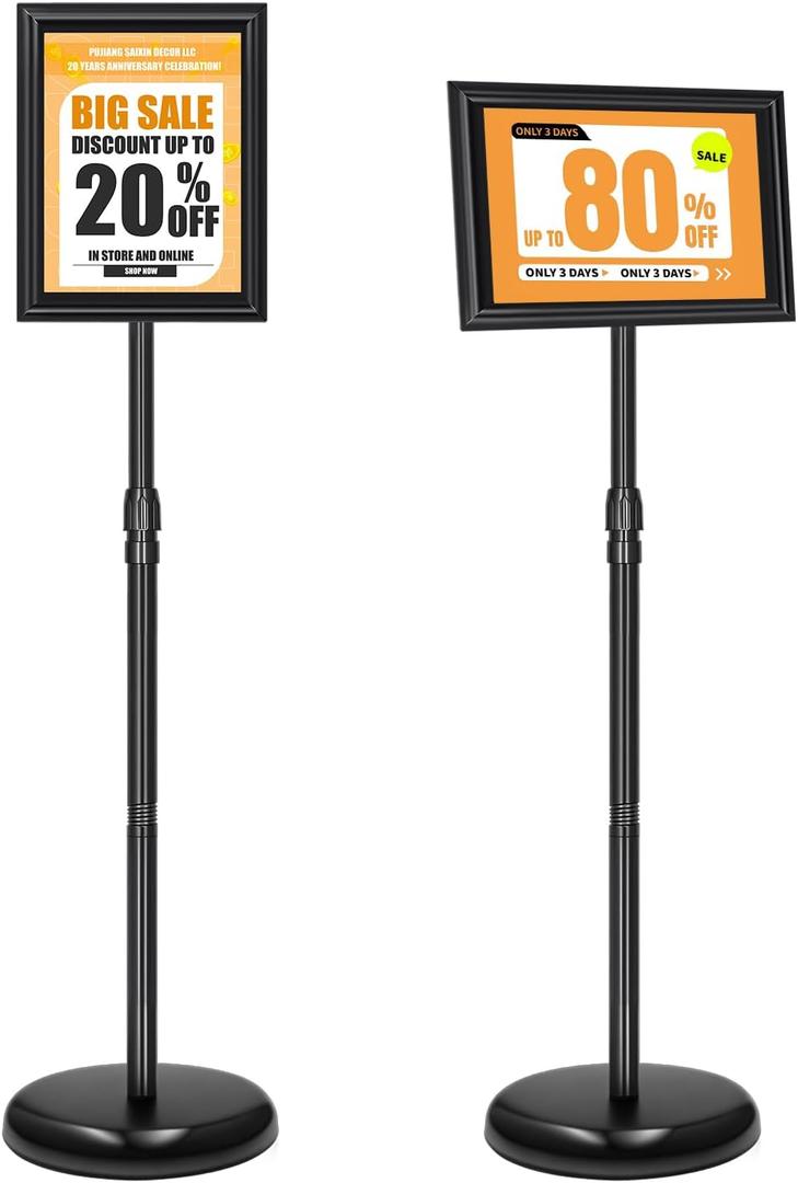 2 Pack Sign Holder Stand 8.5x11 inch, Height Adjustable Floor Standing Signage Stand with 360 Rotated Frame, Outdoor Indoor Poster Stand with Base for Business, advertising, Malls