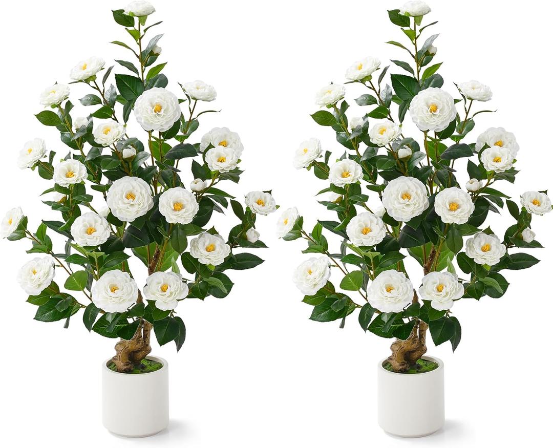 2 Pcs Artificial Camellia Tree, 38" Artificial Tree Plants Outdoor Faux Plants in Pot, Artificial Flower for Outdoors Front Porch Decor, Greenery Faux Fake Tree Plant for Indoor Outdoor Home Decor (White)