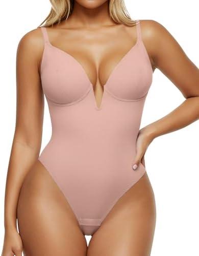 Popilush Shapewear Bodysuits for Women - Tummy Control Body Suits for Womens Deep V Corset Tops Thong Concert Outfits,(Skin,  XL)
