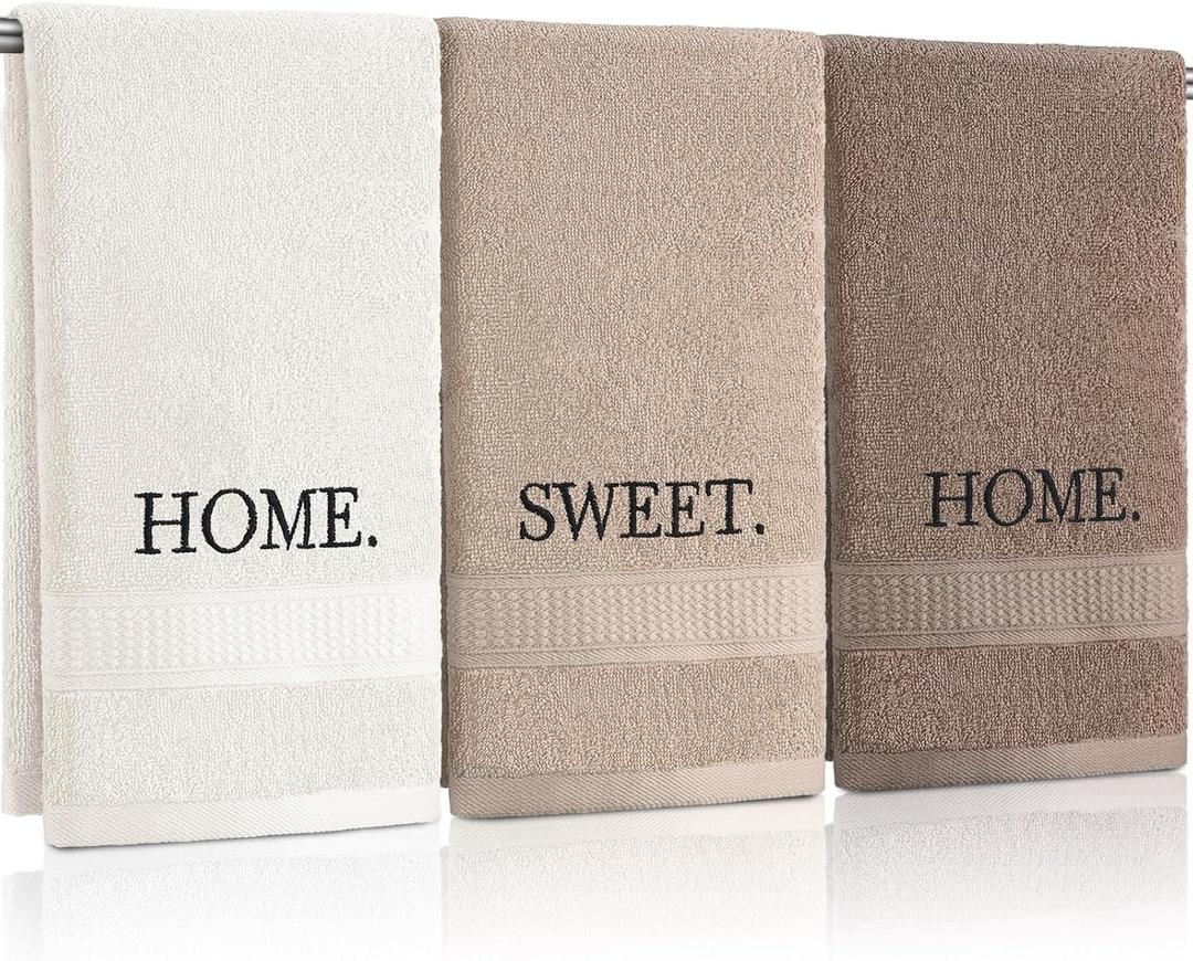 FuWeave 3 Pcs Farmhouse Decorative Hand Towels for Bathroom and Kitchen Rustic Embroidered Cotton Hand Towels Decorative Set for Boho Bathroom Decor(Brown,Home,Sweet,Home)