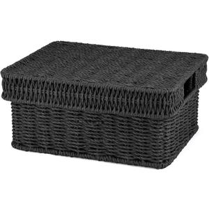 Wicker Storage Basket with Lid - Woven Basket for Storage, Rectangular Decorative Boxes Bins with Lids for Shelves,living room, Nursery 12" L x 10" W x 5.5" H (Black)