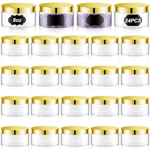 Dandat 24 Pcs 8 oz Plastic Jar Container with Lid and Label Refillable Empty Round Clear with Gold PET Cosmetic Sample Slime Containers for Lotion, Cream, Ointments, Body Butter, Makeup Travel Storage