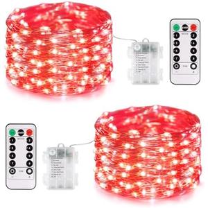 JMEXSUSS 2 Pack Red Fairy Lights Battery Operated, Total 200 LED 66ft Red String Lights Battery Powered with Remote, 8 Modes Christmas Lights for Tree Indoor Outdoor Wreath Bedroom Halloween Decor One Missing