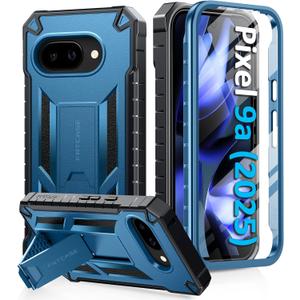 FNTCASE for Google Pixel 9A Case: Military Grade Drop Proof Protection Mobile Cover with Kickstand | Matte Textured Rugged Shockproof TPU | Protective Sturdy Phone Case - Blue