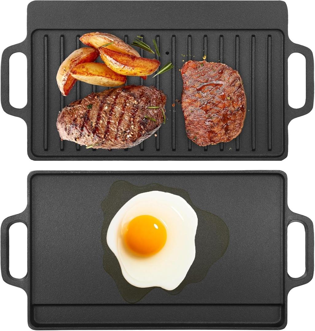 Cast Iron Reversible Grill Griddle, Double Sided Grill and Griddle Pan with Handles, Pre-seasoned Rectangular Flat and Ribbed Cooking Plate for Gas Stovetop, Electric Cooktop
