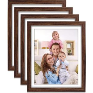 Giftgarden Brown 8x10 Picture Frame Set of 4, 9x11 Frames with Mat for 8 by 10 Photos, Rustic Walnut Wood-Color Frames for Wall or Tabletop