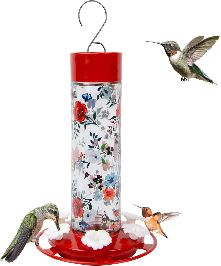 Nature's Way Bird Products DGHF3 Vintage Blossom Decorative Glass Hummingbird Feeder (Red)