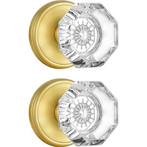 CLCTK 2 Pack Gold Dummy Door Knobs Interior, Non Turning Crystal Glass Dummy Door Knobs for Hall Closet Bifold, Satin Brass Finish