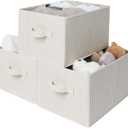 StorageWorks Foldable Shelf Organizer Bins, Closet Storage Baskets for Clothes, Fabric Storage Bins for Shelves, Beige Stripes, 3-Pack, Large