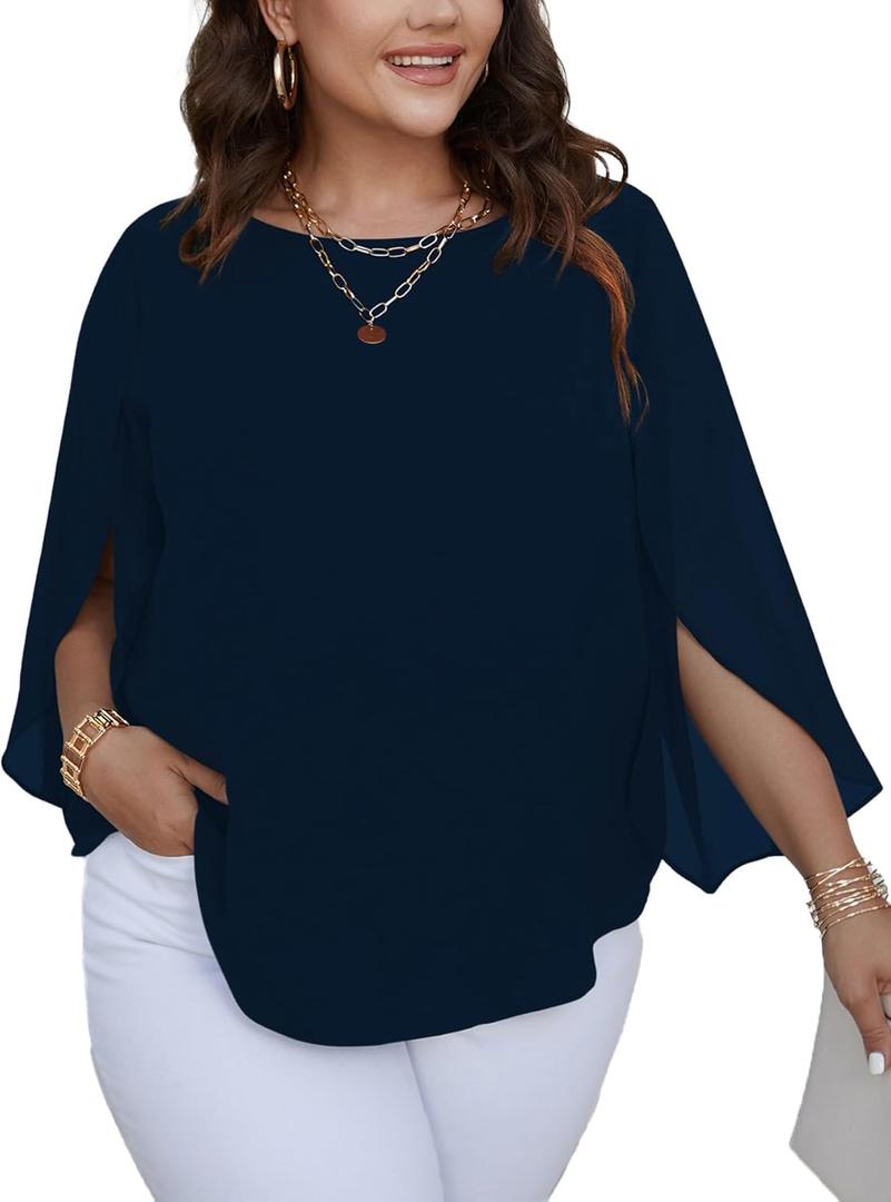 SCOMCHIC Plus Size Blouses for Women Summer Chiffon 3/4 Sleeve Tunic Tops Dressy Scoop Neck Casual Loose Flowy Shirts (5X-Large Plus, Navy)