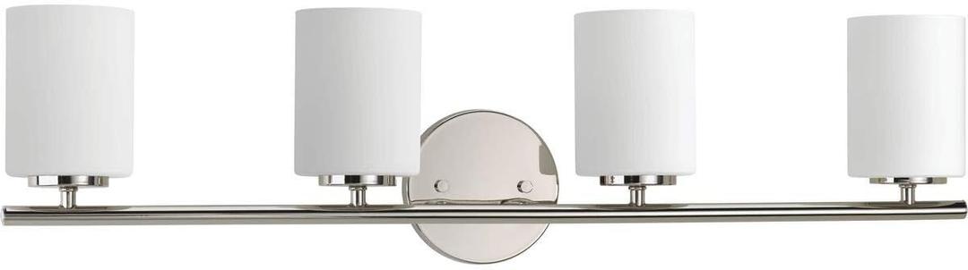 Progress Lighting Replay Collection 4 Light Bathroom Vanity Light, Modern Bath Lighting Fixture with Etched White Glass Shades for Over The Mirror, Reversible Mounting, Polished Nickel