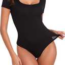 LIZENS Classic Black Short Sleeves Ribbed Scoop Neck Shirts Sexy Button Slimming Solid Color Bodysuit for WomensLL01,XS (XS)