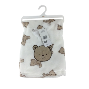 Baby Gear Blanket White Teddy Bear Plush Fleece Embroidered 30x40 Inches, Pack of 3