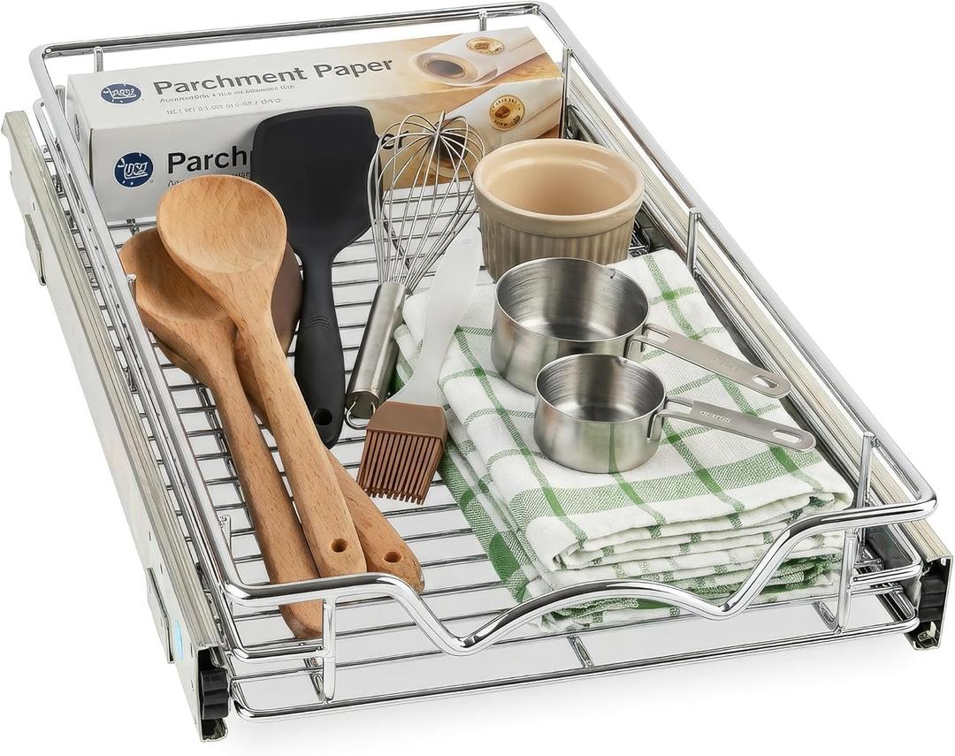 HOLDN STORAGE Pull Out Cabinet Organizer, Heavy Duty Caddy - 8W x 21D - Requires At Least 9-1/4 Cabinet Opening, Steel Metal Cabinet Drawers Slide Out, Chrome