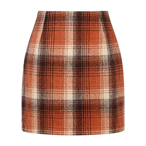 Fall Skirts for Women 2025 High Waisted Plus Size Winter Tartan Tweed Flannel Sweater Corduroy Wool Plaid Mini Skirt (Orange, M)