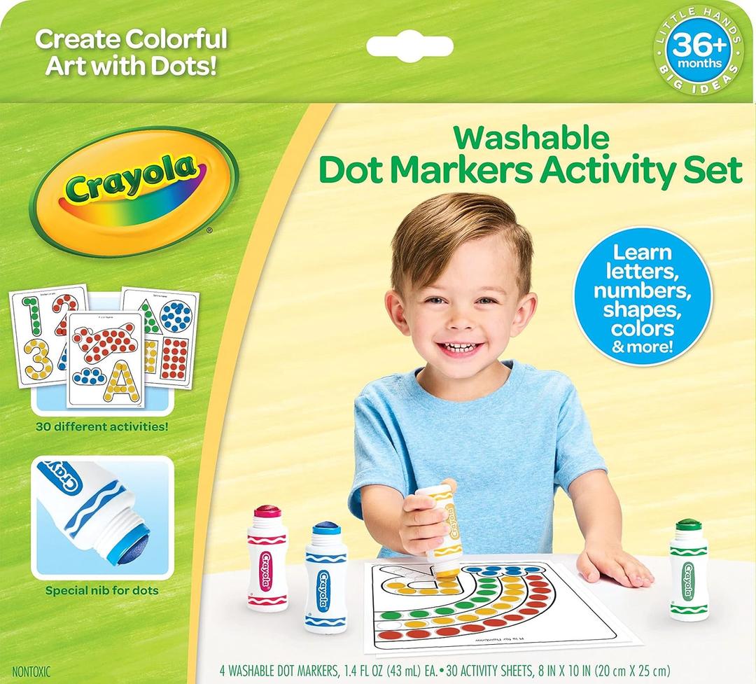 Crayola Washable Dot Markers Activity Set, 30 Toddler Coloring Pages & 4 Washable Markers, Dot Paints for Toddlers, Toddler Gifts, Ages 3+ (1 Count (Pack of 1))