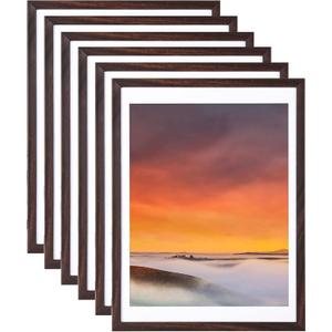 12x16 Picture Frame Set of 6, Display Pictures 11x14 with Mat or 12x16 Without Mat,Wall Gallery Photo Frames, Brown