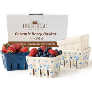 Ceramic Berry Basket, Farmhouse Colander, Farmers Market square Bowl. Rustic Kitchen decor fruit bowls, Fruit Baskets, Bleu White and Blueberry pattern Stoneware Harvest Bowls Set of 4