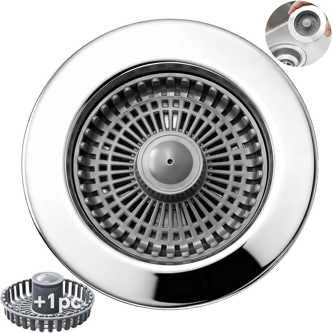 Solid Brass Body 3-in-1 Kitchen Sink Drain Strainer & Stopper, Heavy Duty Pop Up Plug Assembly with 2 Baskets, Anti-Clog Replacement for US Standard 3-1/2 Inch Drains, Rust-Proof Silver