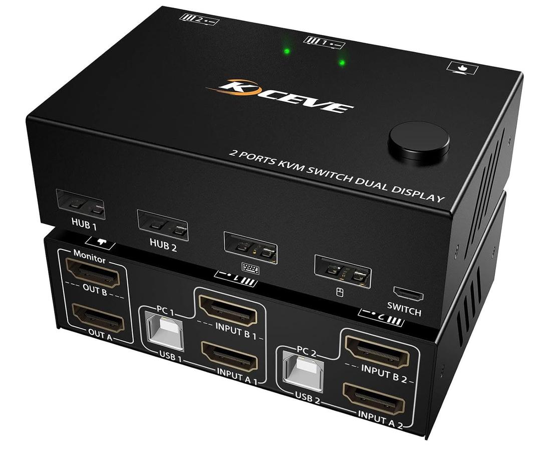 KCEVE KVM Switch 2 Monitors 2 Computers, HDMI KVM Switch Dual Monitor for 2 Computer Share 2 Monitor and 4 USB Devices, 4K@30Hz 1080P@120Hz, with Wired Remote, USB Cable