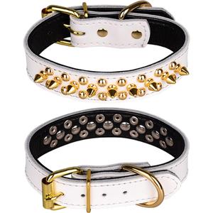 Spiked Studded Dog Collar, Genuine Leather Dog Collar, Adjustable Pet Collars for Small or Medium Pet (M, White)