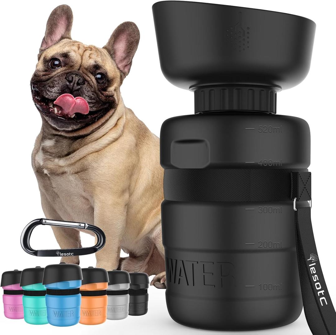 Lesotc Dog Water Bottle, Portable Water Dispenser with Travel Water Bowl, Leak Proof Pet Travel Squeeze Bottle, Puppy Essentials Dog Stuff Accessories for Outdoor Walking, Hiking, Camping (18 Ounces, Black)