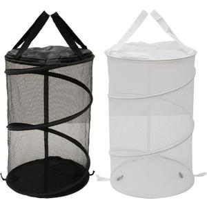 2PCS Large Collapsible Round Popup Laundry Hamper with Lid,Foldable Mesh Hamper with Reinforced Handles and Solid Bottom,White and Black Laundry Basket