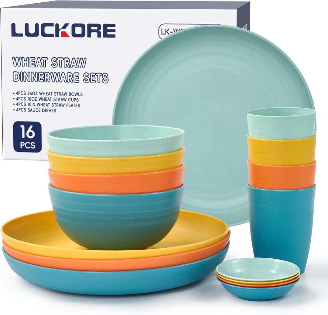 Wheat Straw Dinnerware Sets 16 PCS - Unbreakable Reusable Dinnerware Dishes Dessert Plates, Cereal Bowls, Drinking Cups, Sauce Dishes, Microwave Dishwasher Safe Plates Bowls Sets for Kitchen