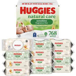 Huggies Natural Care Sensitive Baby Wipes, Unscented, Hypoallergenic, 99% Purified Water, 12 Flip-Top Packs (768 Wipes Total)