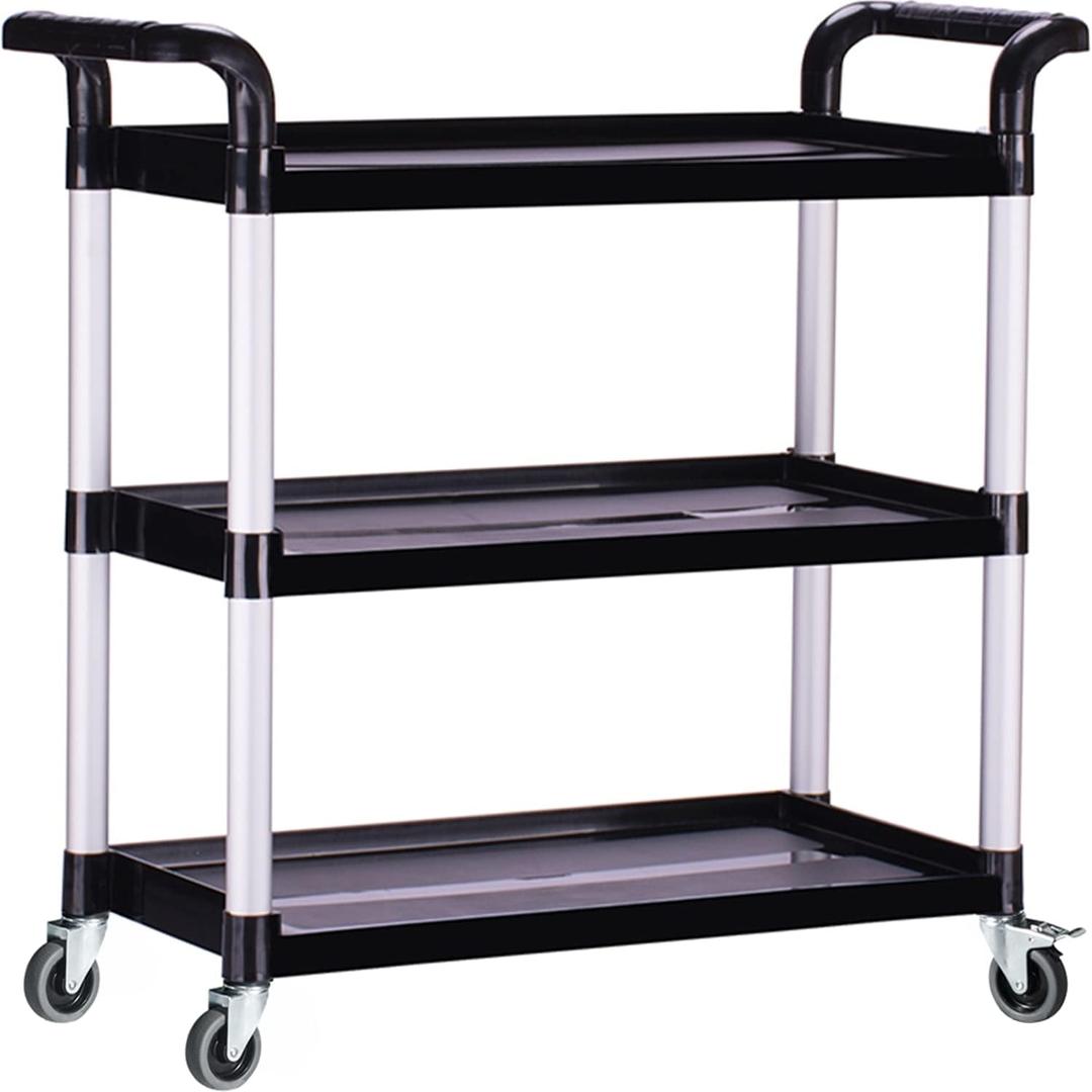 Plastic Utility Carts with Wheels, Heavy Duty 510lbs Capacity Rolling Service Cart, 3-Tier Restaurant Food Cart with Hammer for Office, Warehouse, Garage (Lockable Wheels, Black)