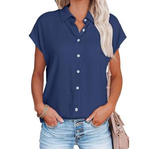 Womens Work Blouses Cap Sleeve Button Down Tops V Neck Collared Casual Business Plain Basic Summer Shirts (X-Large, Blue)