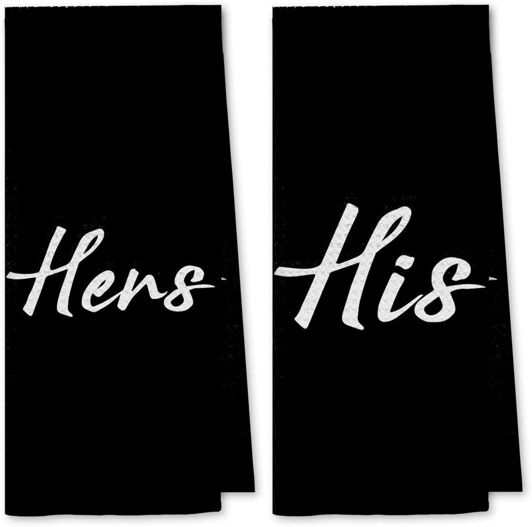 DIBOR Love Quote His And Hers Bath Towels,Love Decorative Absorbent Drying Cloth Hand Towels Tea Towels Dishcloth For Bathroom Kitchen,Funny Couples Wedding Anniversary Valentine Gifts(Black,Set of 2)