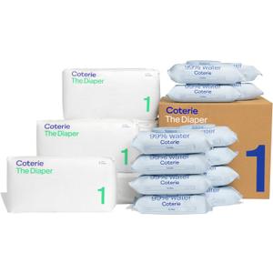 Coterie Baby Wipes + Diapers Kit, Size 1 Diapers (198 Count) & 12 Pack (672 Count) Baby Wipes with 99% Water, Plant Based Materials, Hypoallergenic for Sensitive Skin