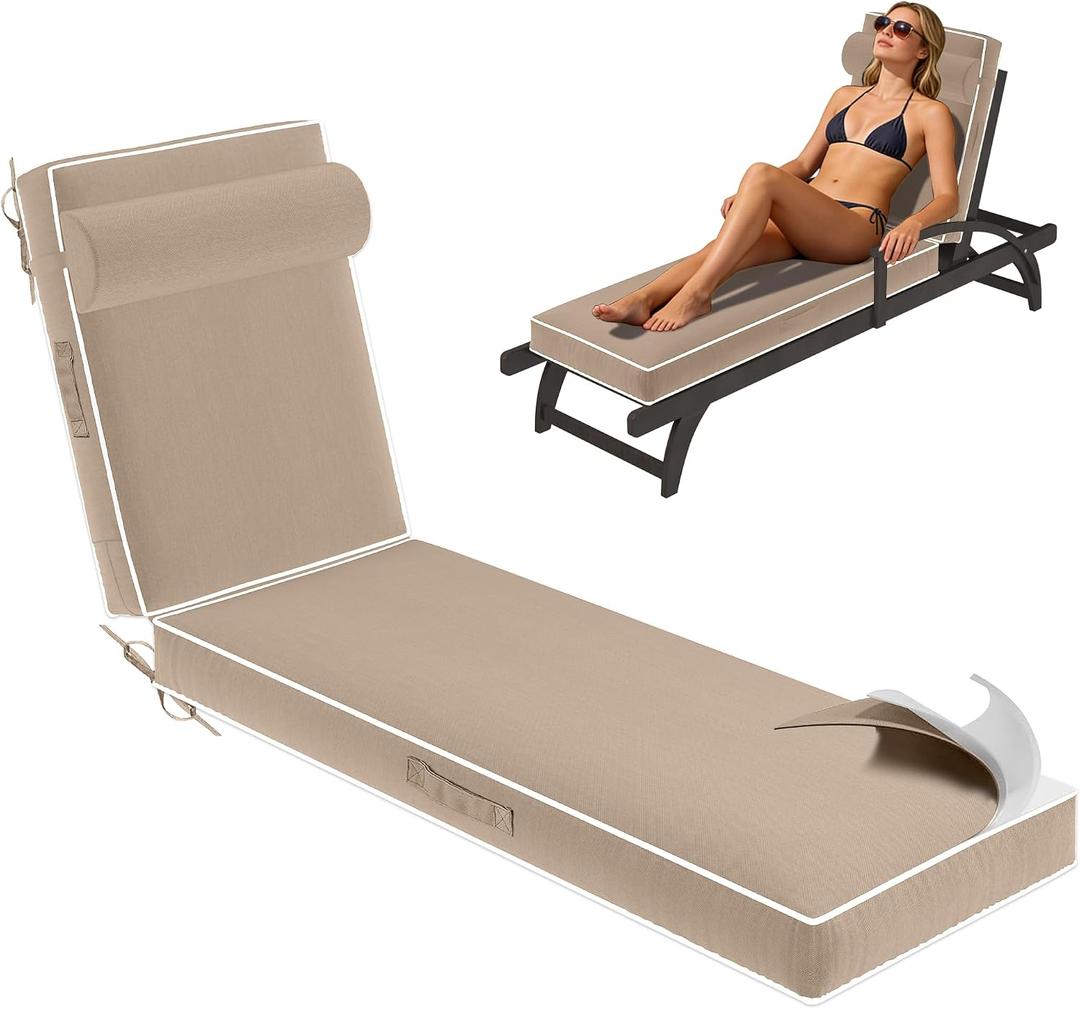 Chaise Lounge Cushions Outdoor 80x26x4 Inch, Patio Lounge Chair Cushions w/High Density Foam, 4 Inch Pool Lounger Cushion w/Removable Cover Handles, Fits Poolside Patio Outdoor Furniture, Khaki