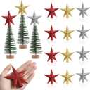 Hiboom 12 Pcs Mini Christmas Tree Topper 4 Inch Glitter Star Treetop Small Christmas Tree Topper Star Mini Xmas Tree Ornaments Bulk Decorative for Crafts Home Xmas Holiday Party (Silver Red Gold)