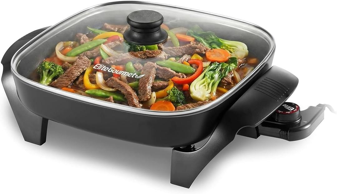Elite Gourmet 12"x12"x2.15 Ceralast PFAS Free Ceramic Electric Skillet, Dishwasher Safe, Rapid Heat Up, 1200W, Dark Grey (6Qt)